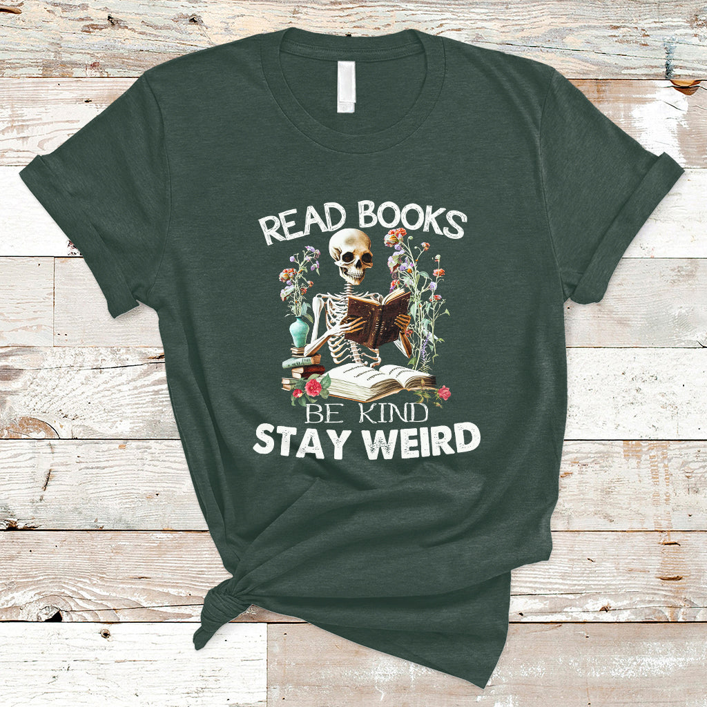 read-books-be-kind-stay-weird-funny-book-lover-skull-skeleton-t-shirt-ts02