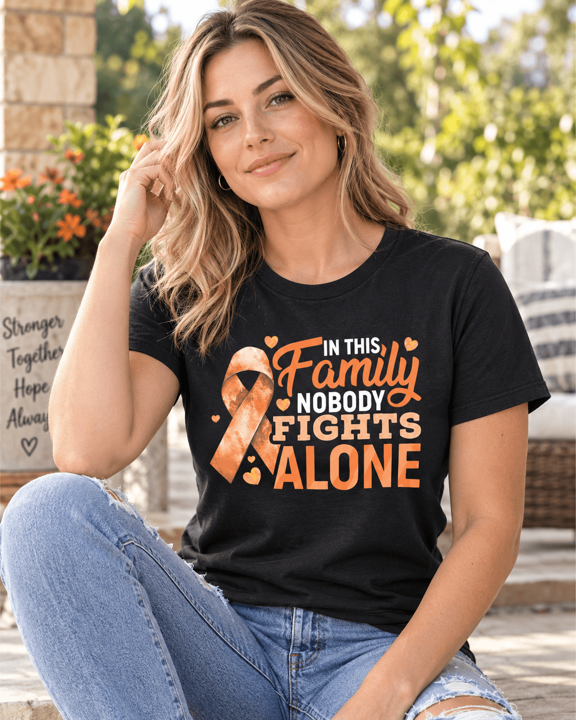 A woman sitting outdoors wearing a black graphic T-shirt with an orange awareness ribbon and the text 'In This Family Nobody Fights Alone,' paired with light blue jeans.