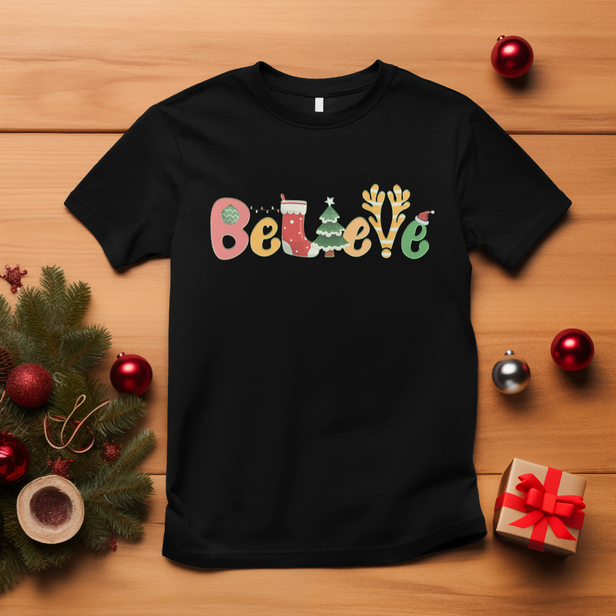 believe-christmas-t-shirt-santa-claus-reindeer-candy-cane-groovy-xmas