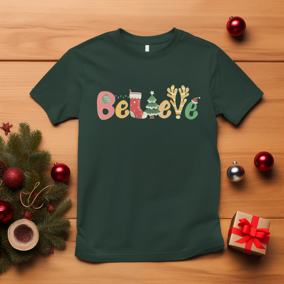 believe-christmas-t-shirt-santa-claus-reindeer-candy-cane-groovy-xmas