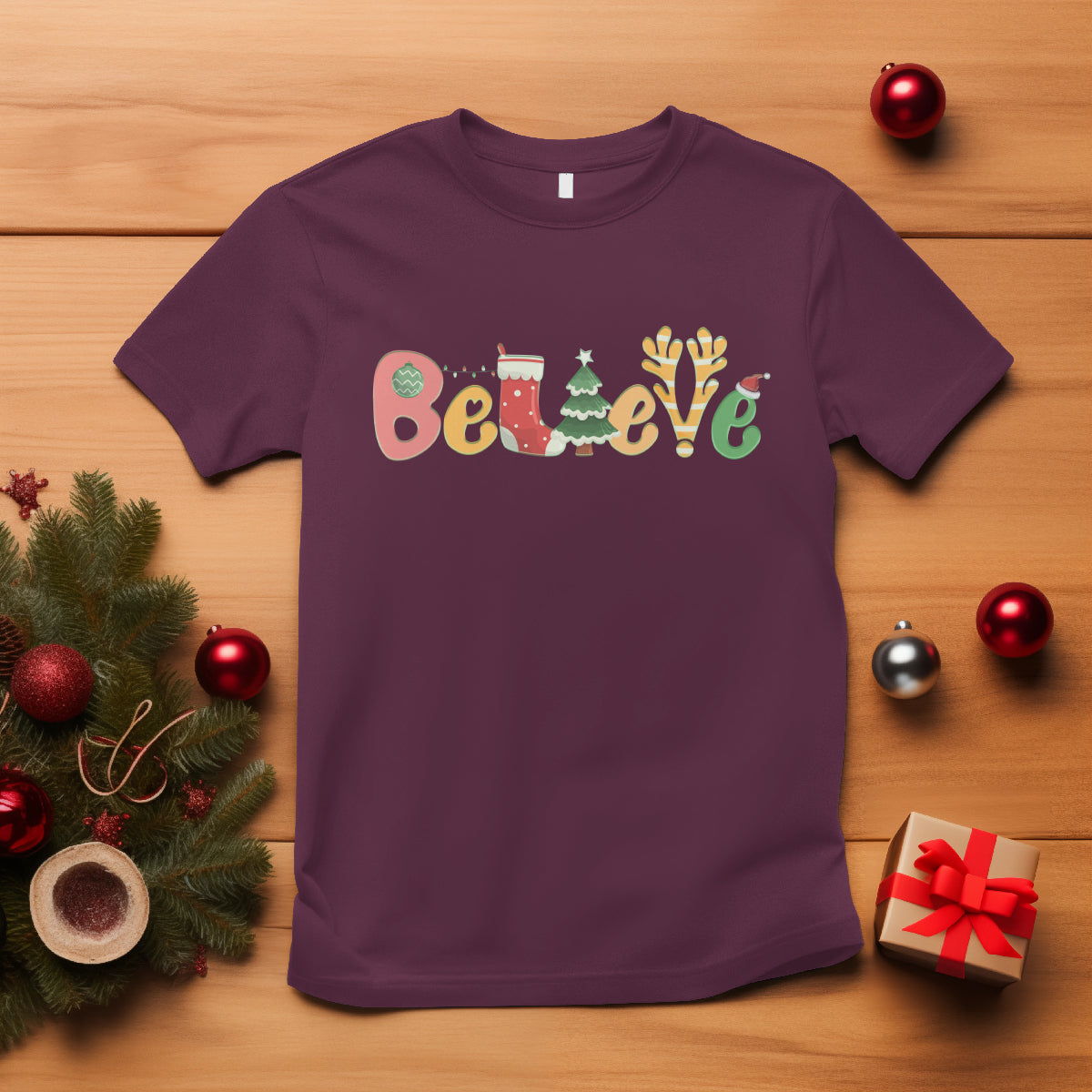 believe-christmas-t-shirt-santa-claus-reindeer-candy-cane-groovy-xmas