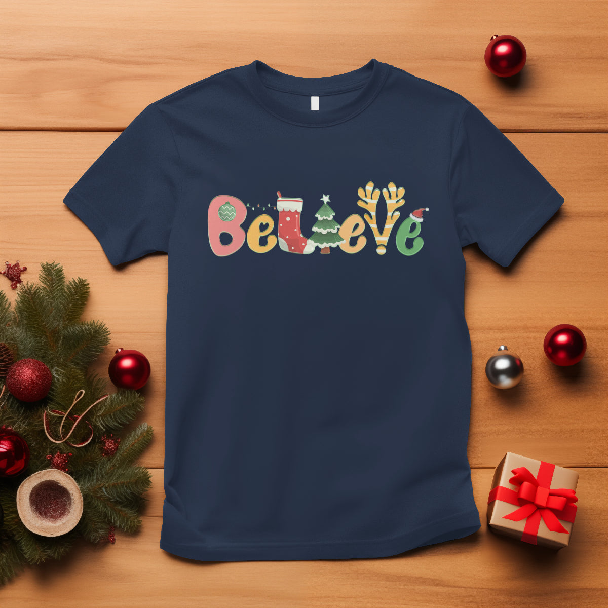 believe-christmas-t-shirt-santa-claus-reindeer-candy-cane-groovy-xmas