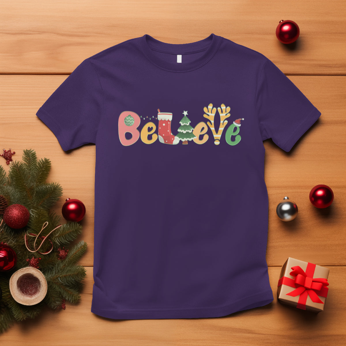 believe-christmas-t-shirt-santa-claus-reindeer-candy-cane-groovy-xmas
