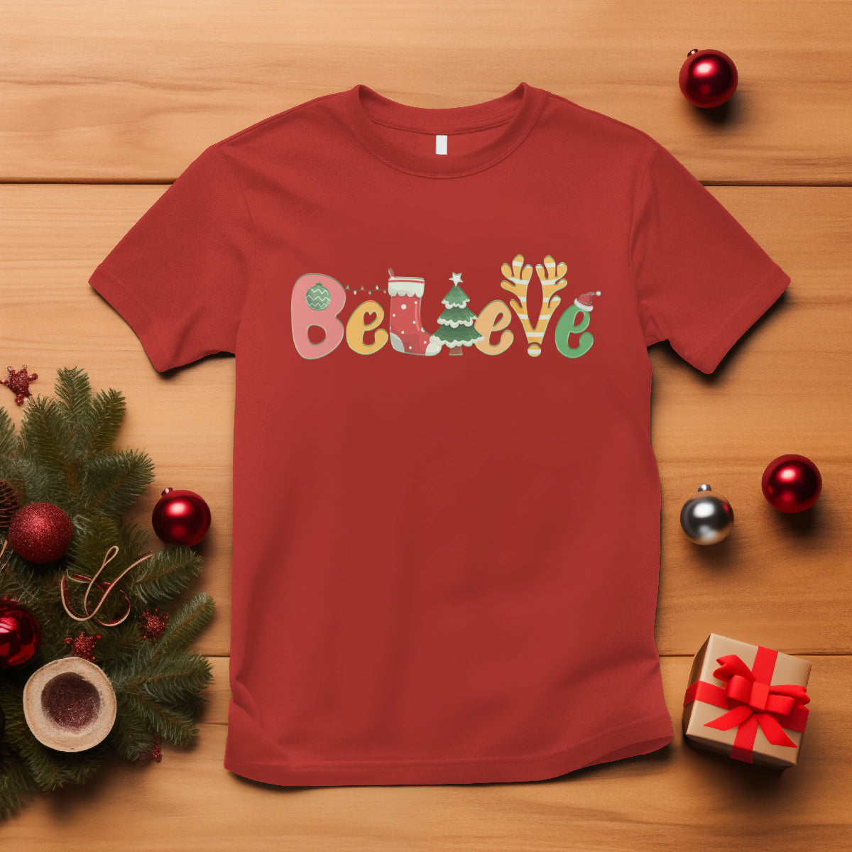 believe-christmas-t-shirt-santa-claus-reindeer-candy-cane-groovy-xmas