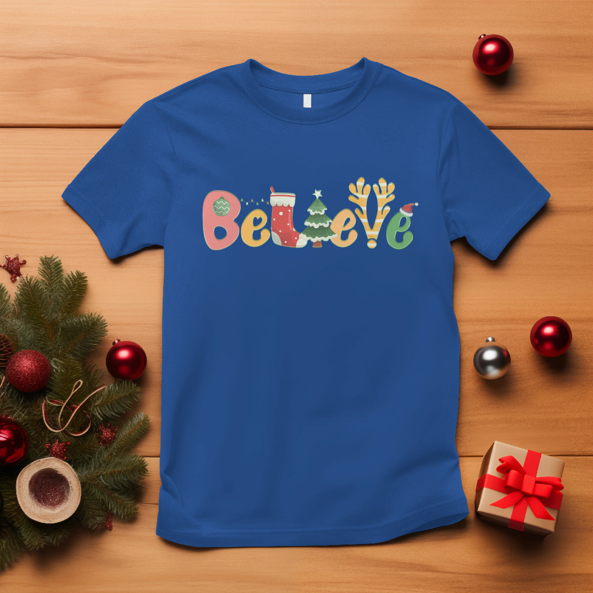 believe-christmas-t-shirt-santa-claus-reindeer-candy-cane-groovy-xmas