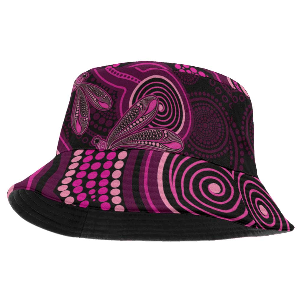 Australia Breast Cancer Support Bucket Hat Pink Dragonflies Aboriginal Art
