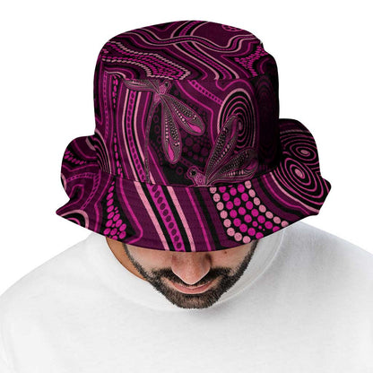 Australia Breast Cancer Support Bucket Hat Pink Dragonflies Aboriginal Art