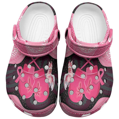Australia Breast Cancer Support Clogs Shoes Pink Cockatoo Fight Boxing Gloves Aboriginal Art
