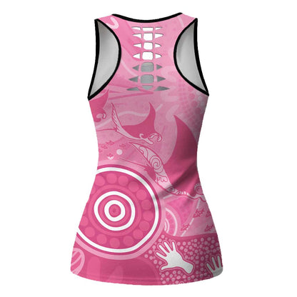 Australia Breast Cancer Support Hollow Tank Top Pink Ribbon Manta Ray Aboriginal Art