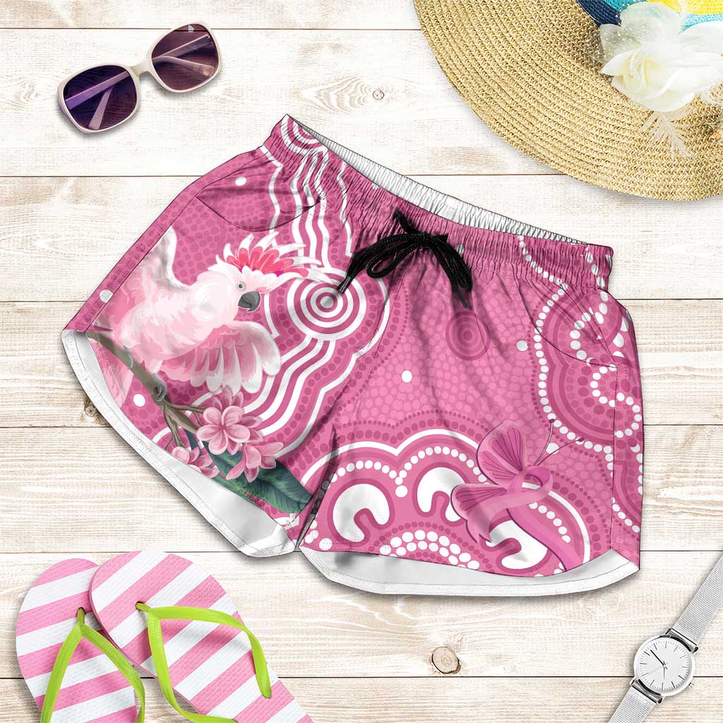 Australia Breast Cancer Support Shorts for Women Pink Cockatoo Ribbon Aboriginal Art