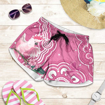 Australia Breast Cancer Support Shorts for Women Pink Cockatoo Ribbon Aboriginal Art