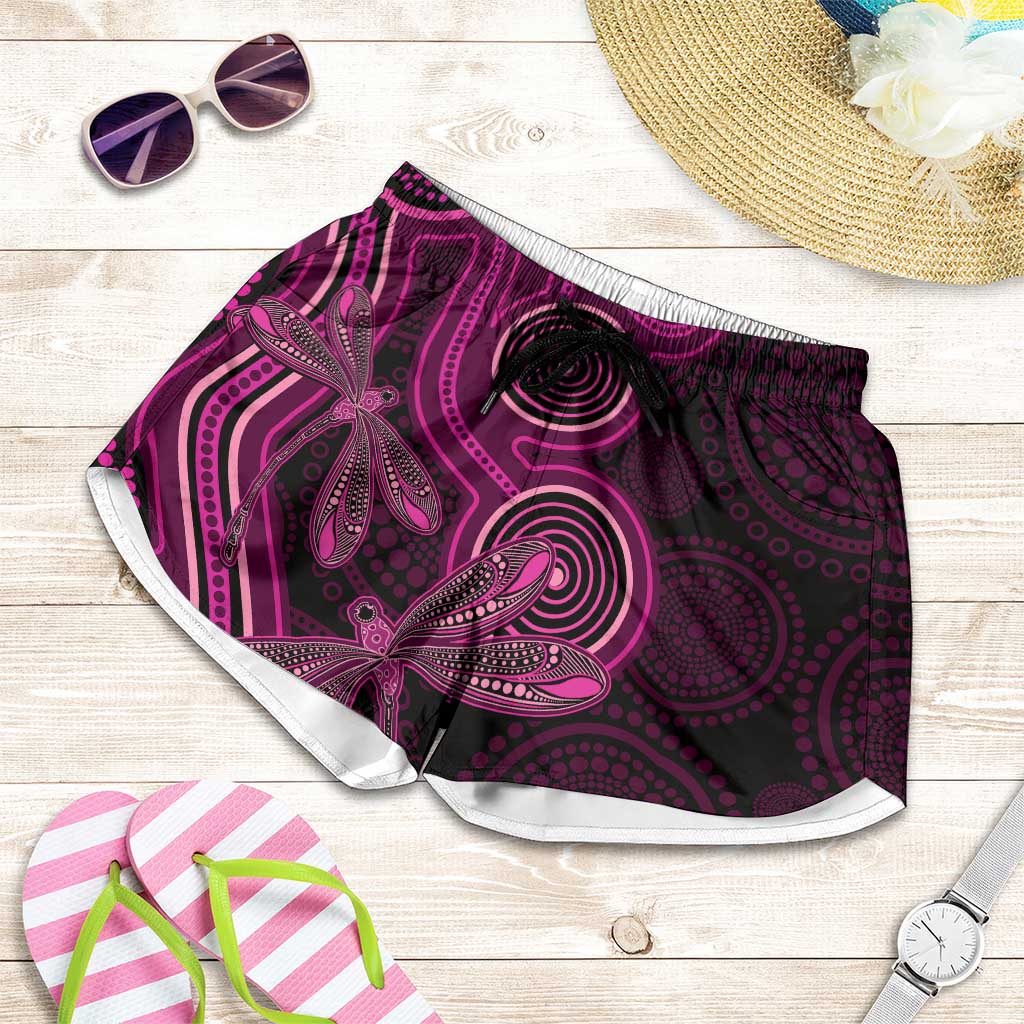 Australia Breast Cancer Support Shorts for Women Pink Dragonflies Aboriginal Art