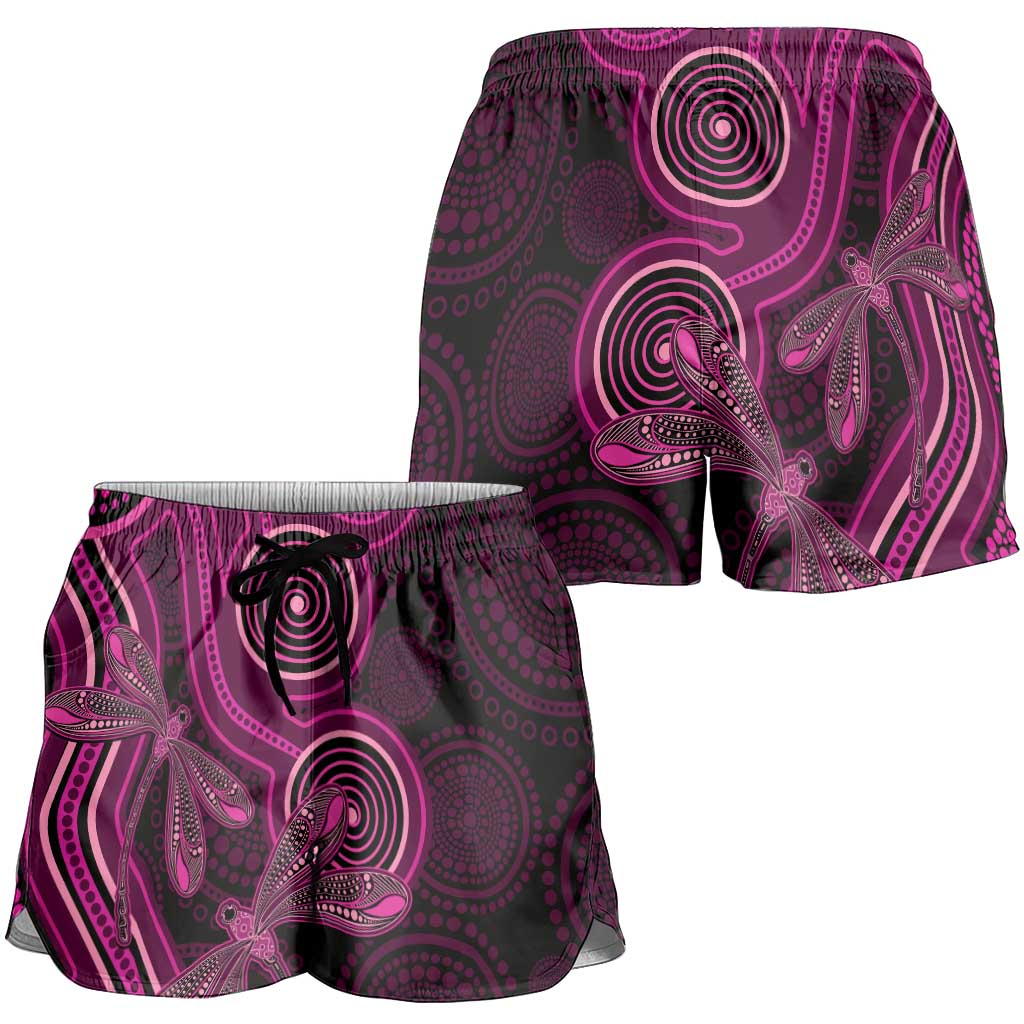 Australia Breast Cancer Support Shorts for Women Pink Dragonflies Aboriginal Art