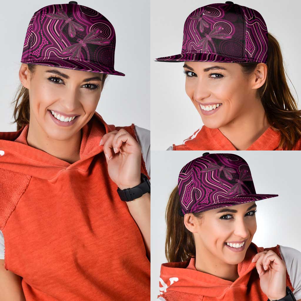 Australia Breast Cancer Support Snapback Cap Pink Dragonflies Aboriginal Art