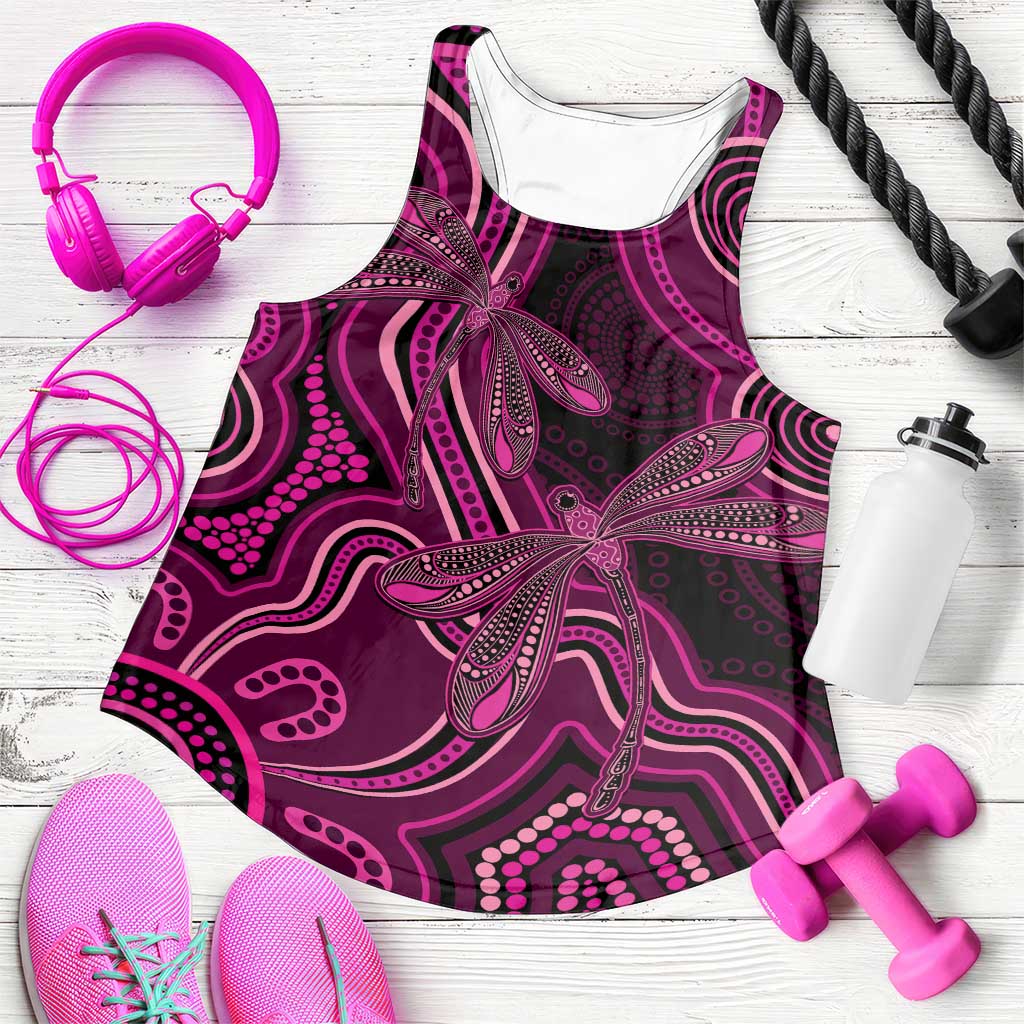 Australia Breast Cancer Support Women Racerback Tank Pink Dragonflies Aboriginal Art