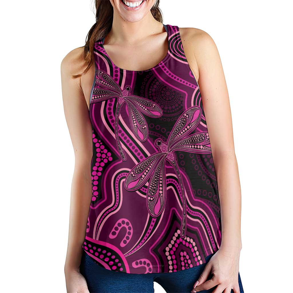 Australia Breast Cancer Support Women Racerback Tank Pink Dragonflies Aboriginal Art