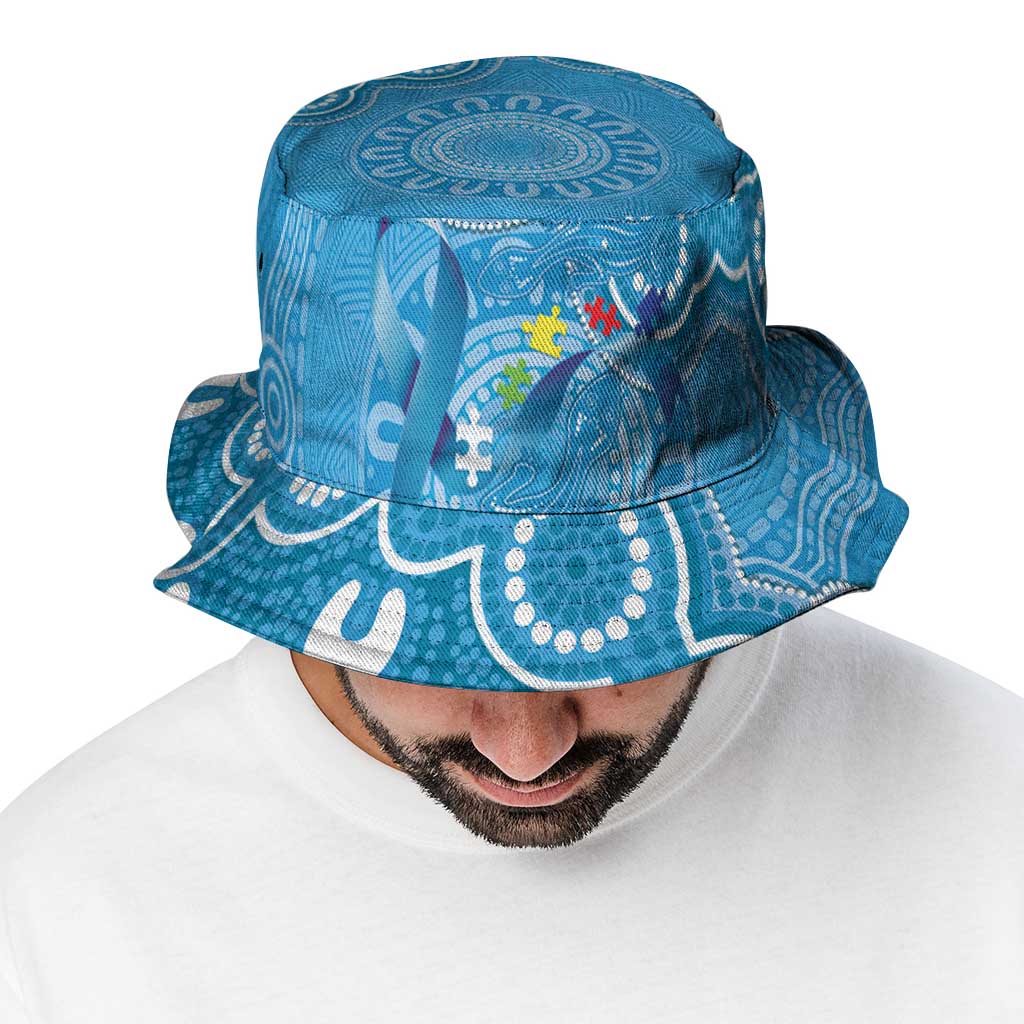 Australia Indigenous Bucket Hat Blue Ribbon Lizards Autism Support