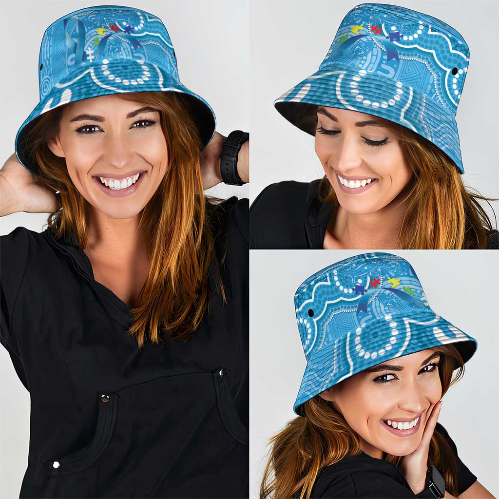 Australia Indigenous Bucket Hat Blue Ribbon Lizards Autism Support