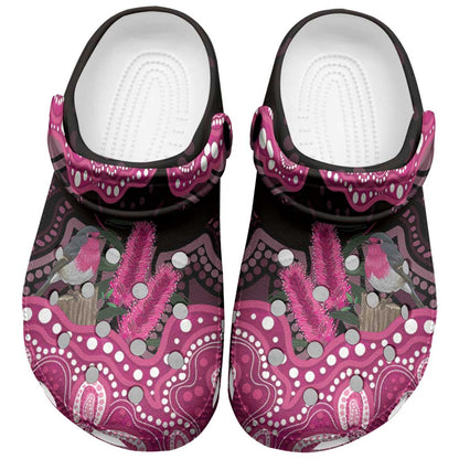 Australia Indigenous Clogs Shoes Breast Cancer Pink Robin Bottlebrush Aboriginal Art