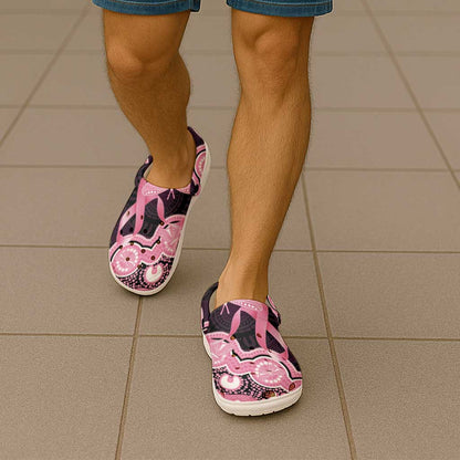 Australia Indigenous Clogs Shoes Pink Ribbon Breast Cancer Butterfly Aboriginal Black