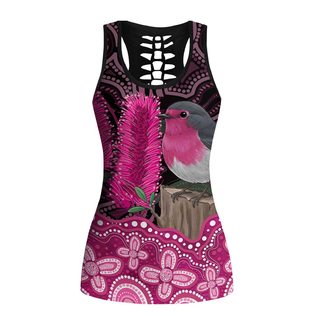Australia Indigenous Hollow Tank Top Breast Cancer Pink Robin Bottlebrush Aboriginal Art
