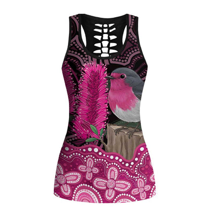 Australia Indigenous Hollow Tank Top Breast Cancer Pink Robin Bottlebrush Aboriginal Art