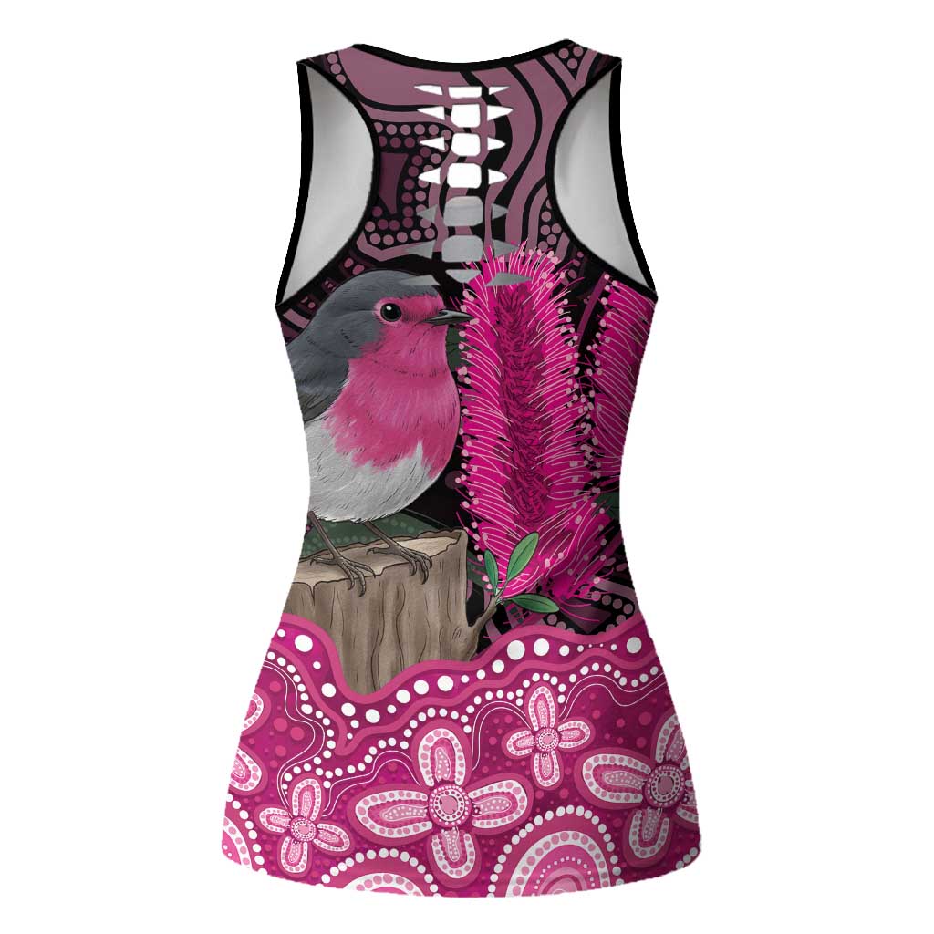Australia Indigenous Hollow Tank Top Breast Cancer Pink Robin Bottlebrush Aboriginal Art