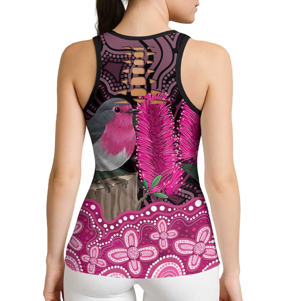 Australia Indigenous Hollow Tank Top Breast Cancer Pink Robin Bottlebrush Aboriginal Art