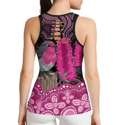 Australia Indigenous Hollow Tank Top Breast Cancer Pink Robin Bottlebrush Aboriginal Art
