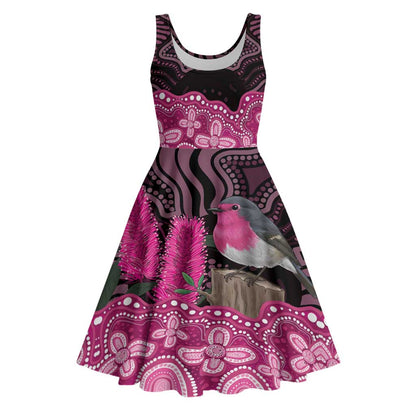 Australia Indigenous Midi Dress Breast Cancer Pink Robin Bottlebrush Aboriginal Art