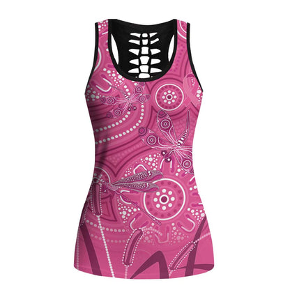 Australia Indigenous Pink Month Hollow Tank Top Breast Cancer Aboriginal Dragonflies Ribbon