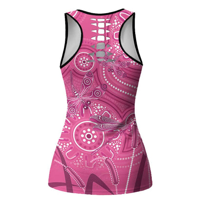 Australia Indigenous Pink Month Hollow Tank Top Breast Cancer Aboriginal Dragonflies Ribbon