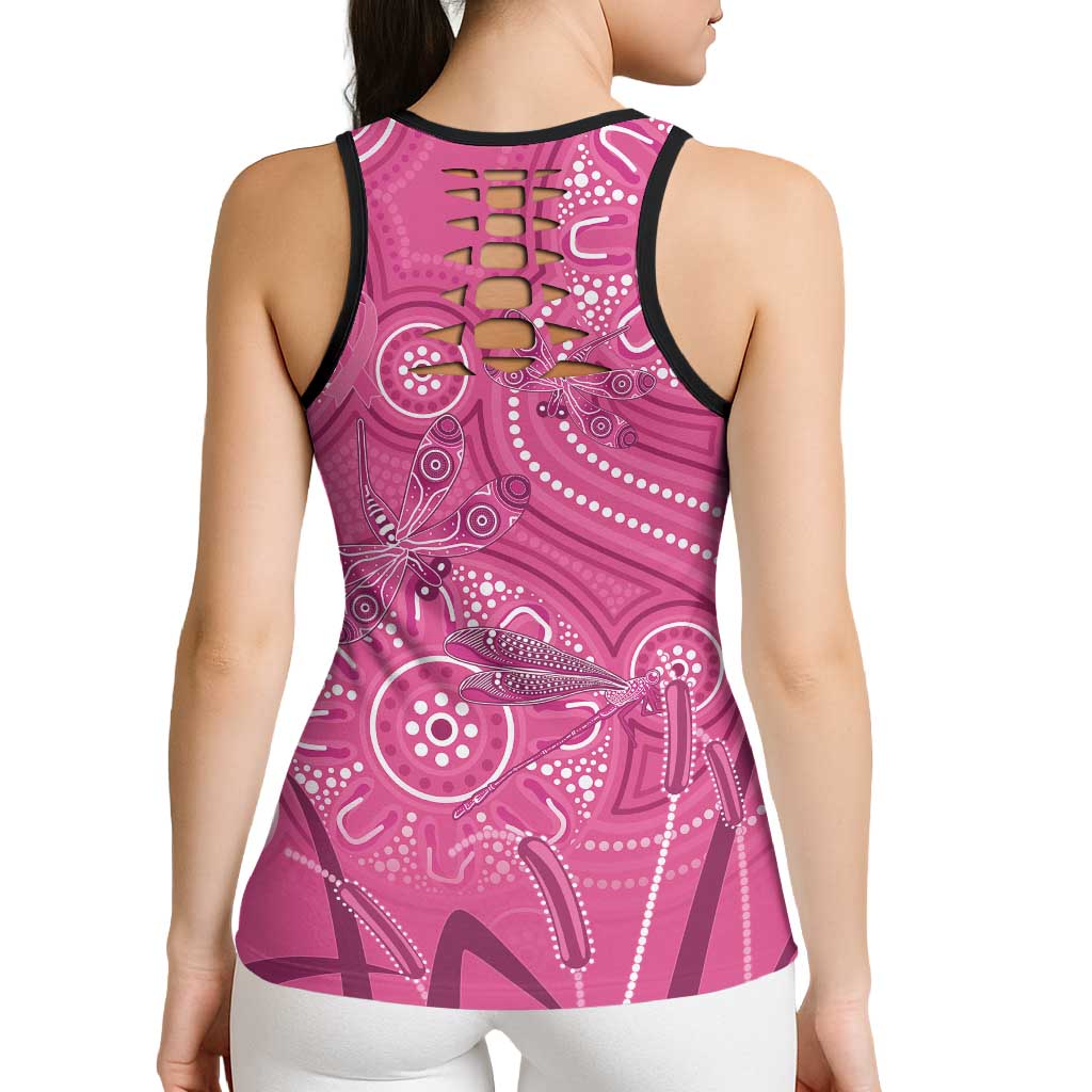 Australia Indigenous Pink Month Hollow Tank Top Breast Cancer Aboriginal Dragonflies Ribbon
