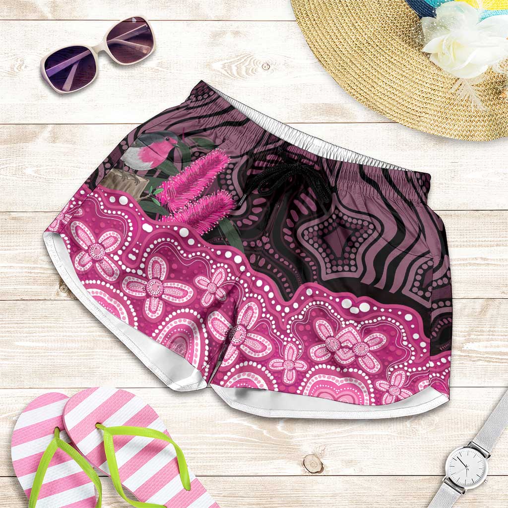 Australia Indigenous Shorts for Women Breast Cancer Pink Robin Bottlebrush Aboriginal Art
