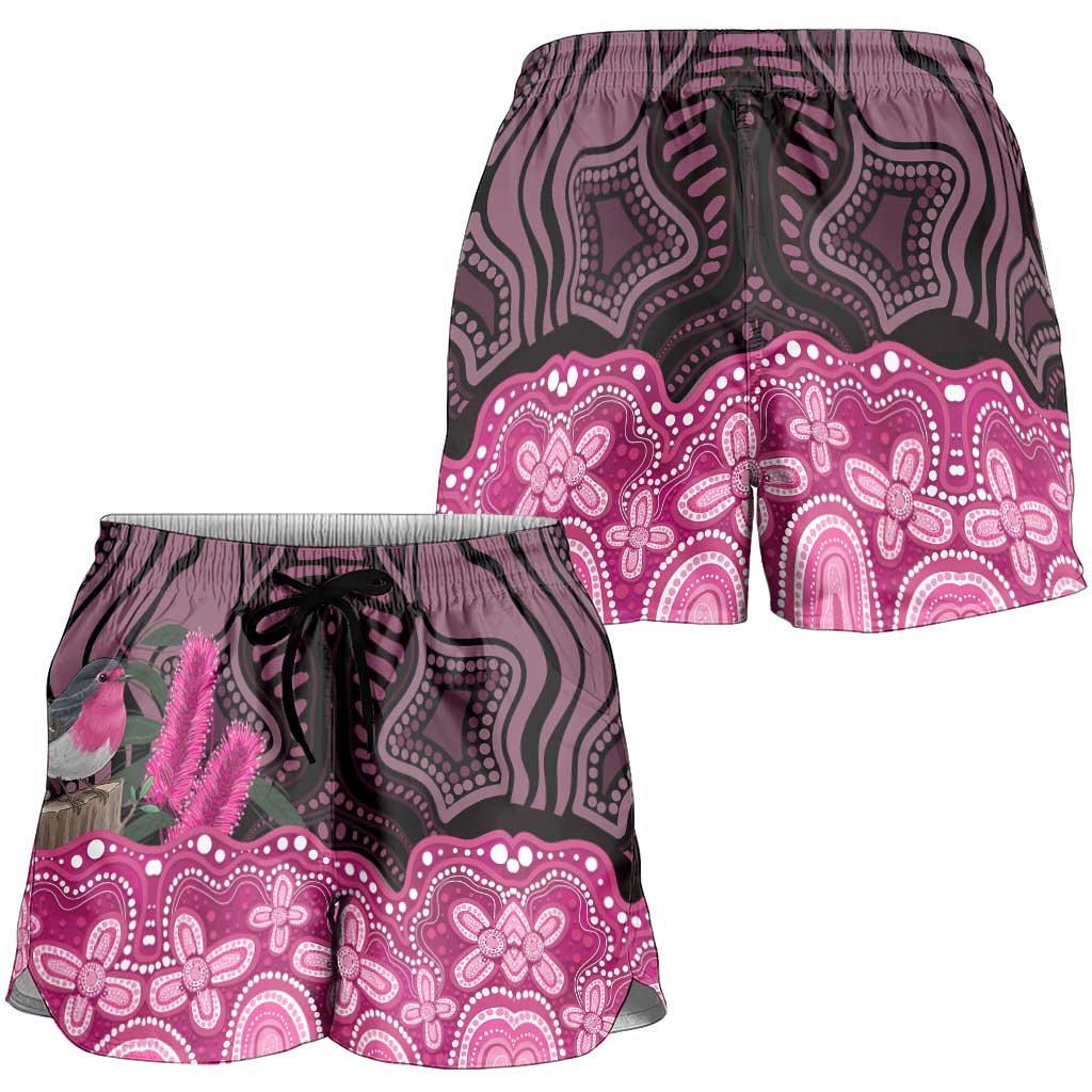 Australia Indigenous Shorts for Women Breast Cancer Pink Robin Bottlebrush Aboriginal Art
