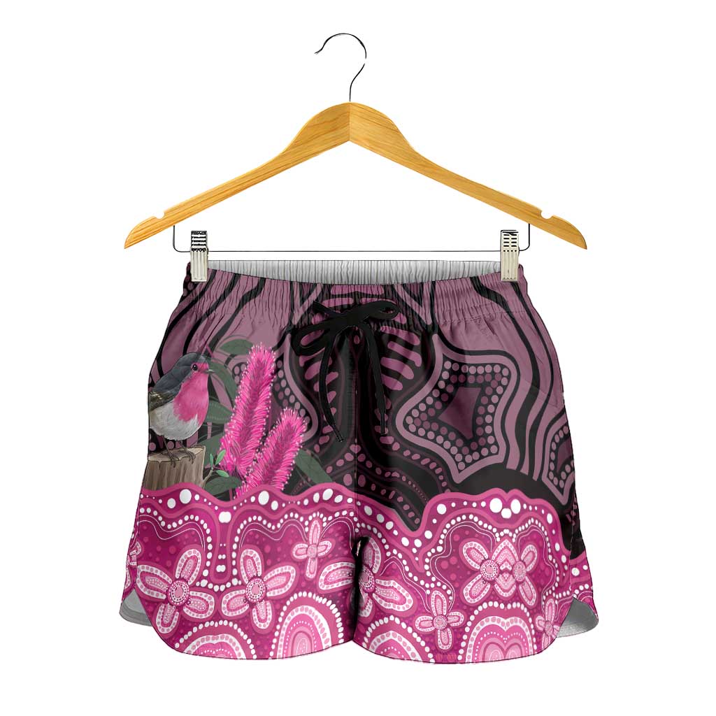Australia Indigenous Shorts for Women Breast Cancer Pink Robin Bottlebrush Aboriginal Art
