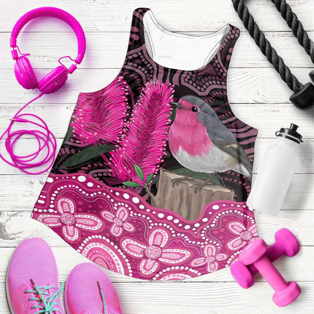Australia Indigenous Women Racerback Tank Breast Cancer Pink Robin Bottlebrush Aboriginal Art