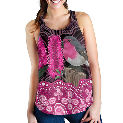 Australia Indigenous Women Racerback Tank Breast Cancer Pink Robin Bottlebrush Aboriginal Art