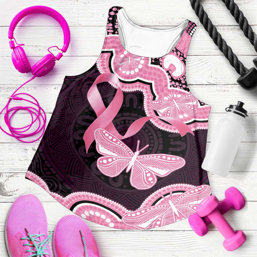 Australia Indigenous Women Racerback Tank Pink Ribbon Breast Cancer Butterfly Aboriginal Black