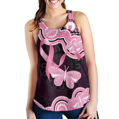 Australia Indigenous Women Racerback Tank Pink Ribbon Breast Cancer Butterfly Aboriginal Black