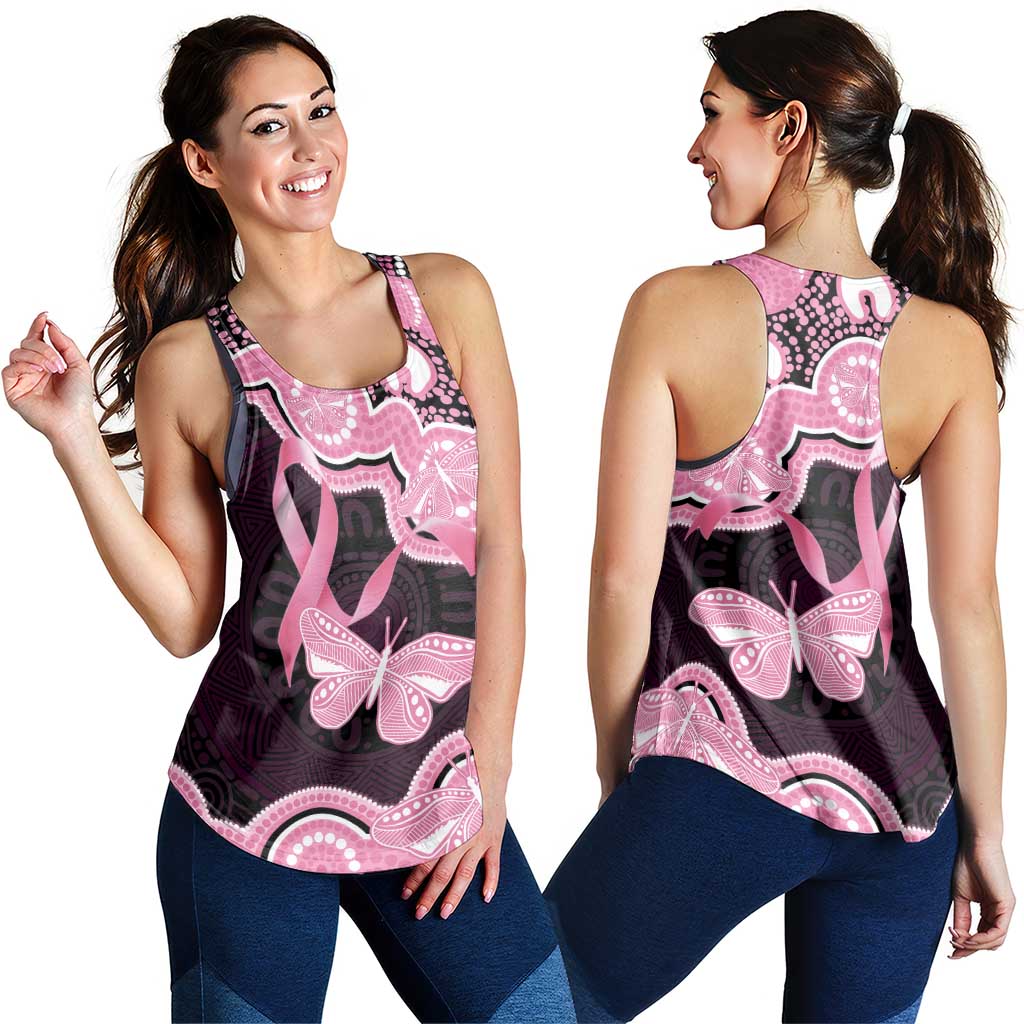Australia Indigenous Women Racerback Tank Pink Ribbon Breast Cancer Butterfly Aboriginal Black