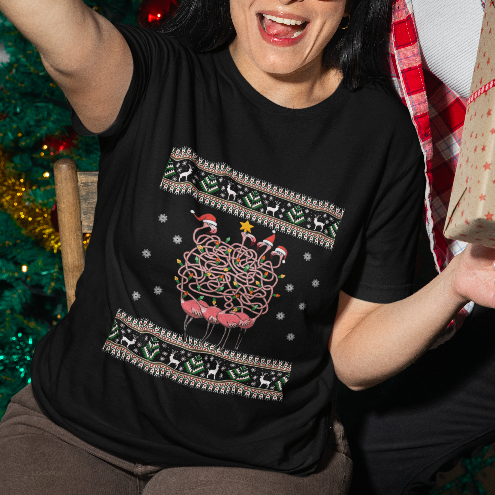 funny-flamingo-family-christmas-light-tangled-t-shirt