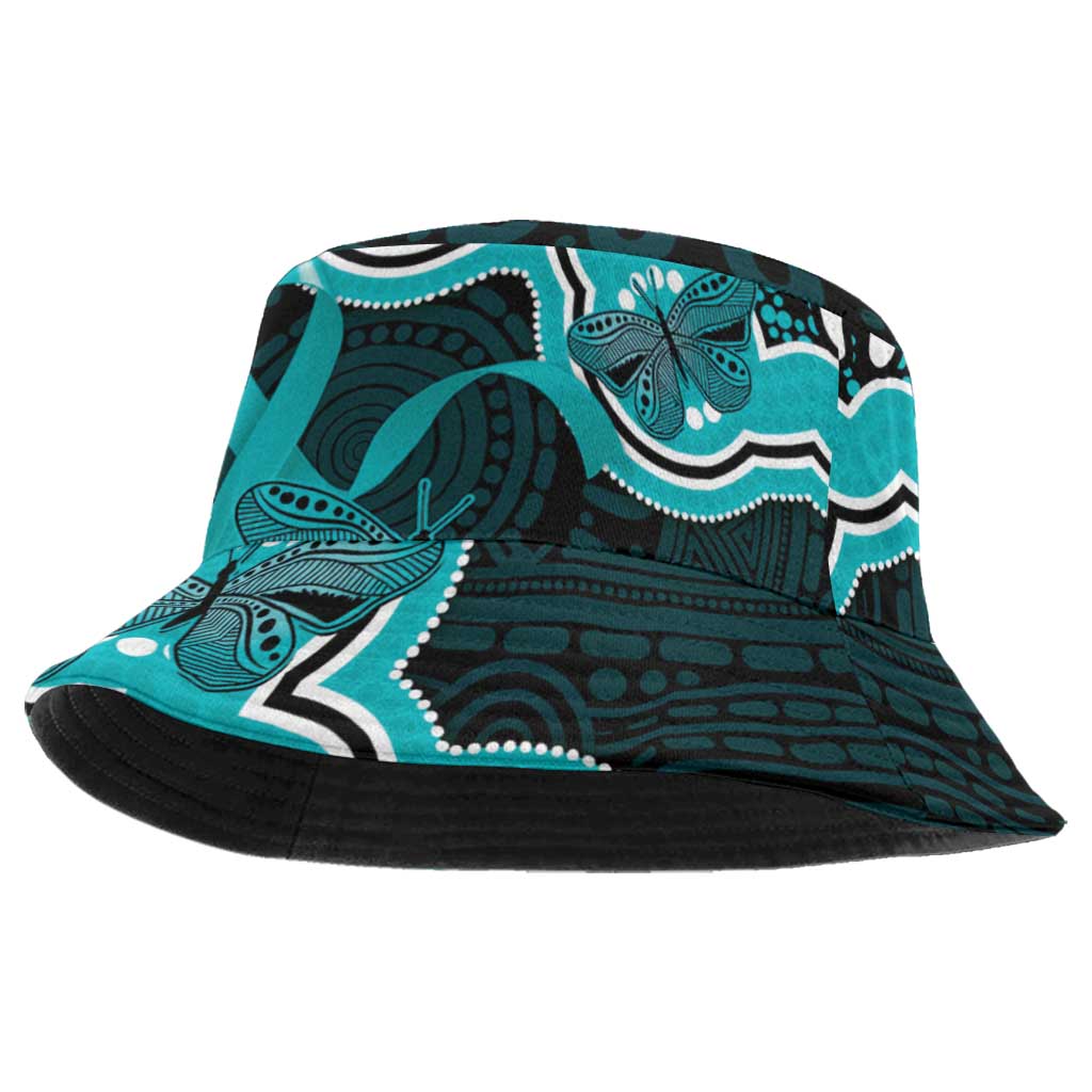 Cyan Ribbon PTSD Support Bucket Hat Aboriginal Art