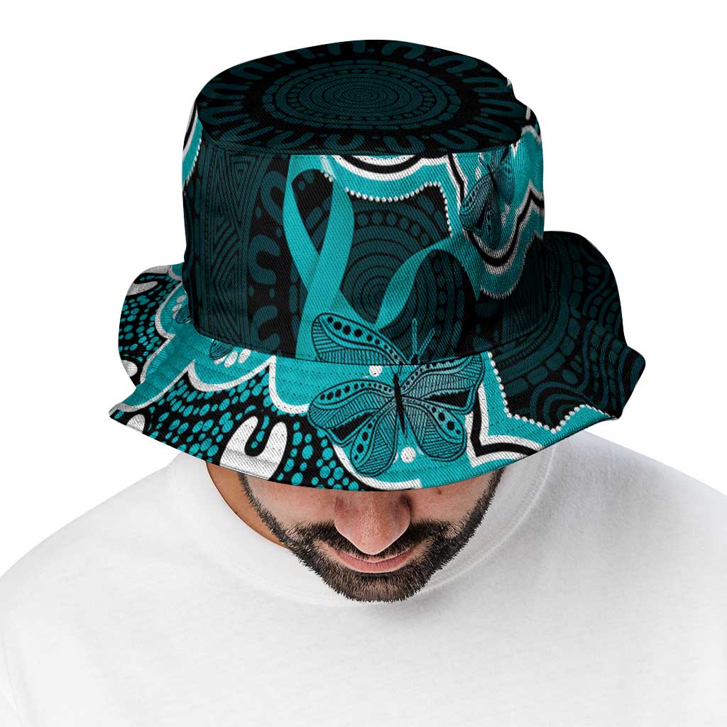 Cyan Ribbon PTSD Support Bucket Hat Aboriginal Art