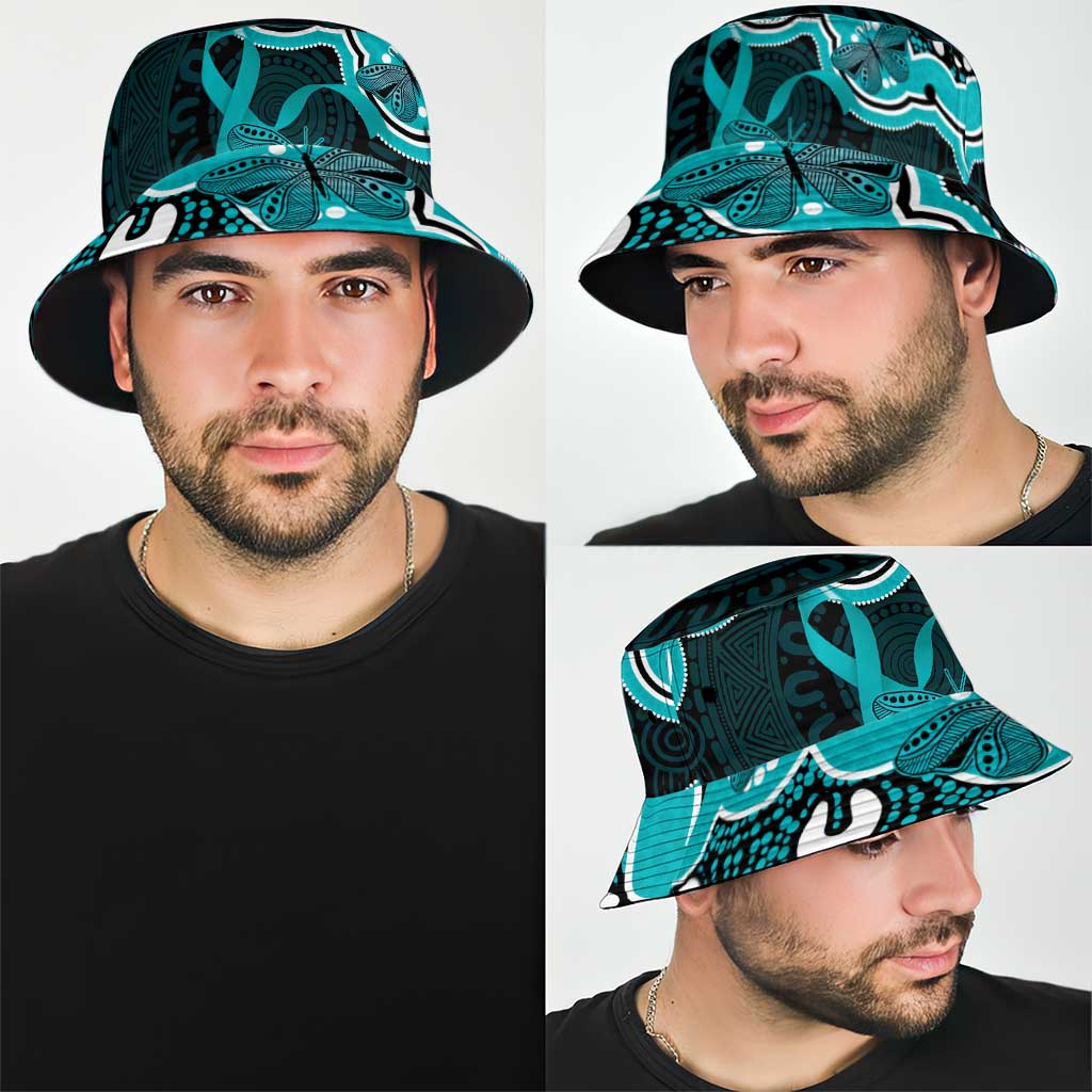 Cyan Ribbon PTSD Support Bucket Hat Aboriginal Art
