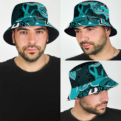 Cyan Ribbon PTSD Support Bucket Hat Aboriginal Art