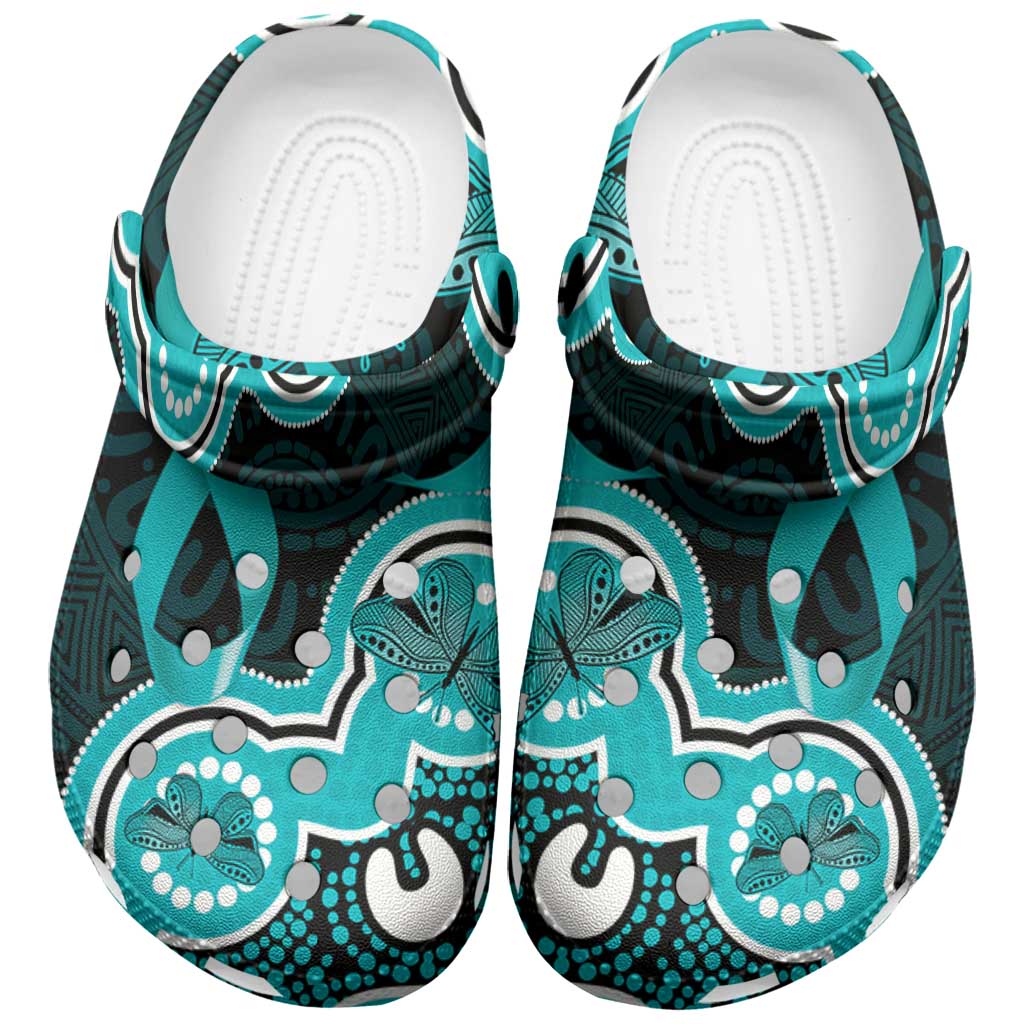 Cyan Ribbon PTSD Support Clogs Shoes Aboriginal Art