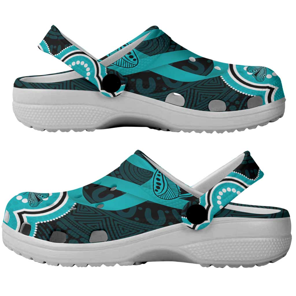 Cyan Ribbon PTSD Support Clogs Shoes Aboriginal Art