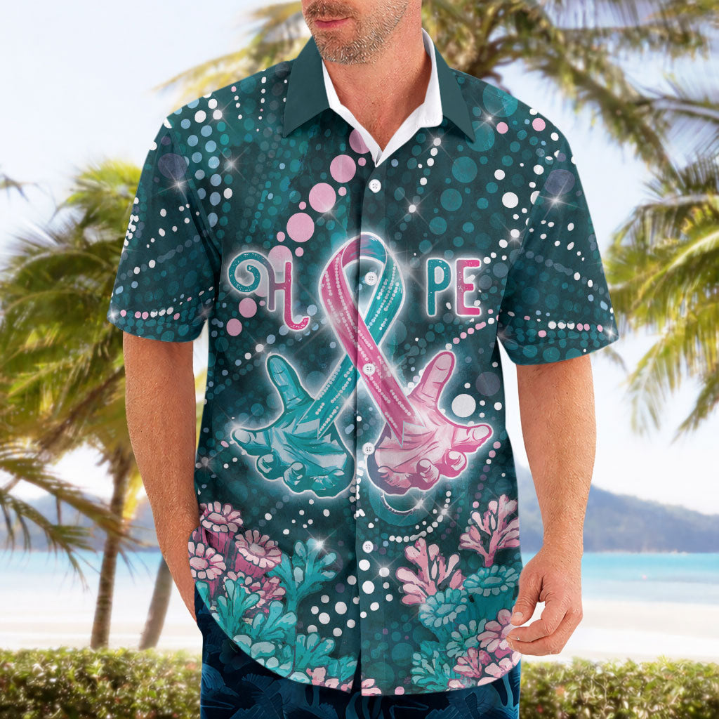 Personalised Hereditary Cancer Support Hawaiian Shirt Hope Ribbon With Aussie Teal Duncan Coral