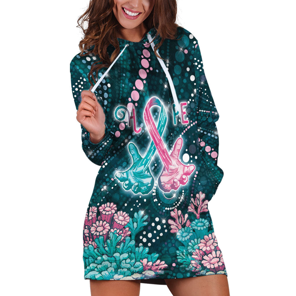Personalised Hereditary Cancer Support Hoodie Dress Hope Ribbon With Aussie Teal Duncan Coral